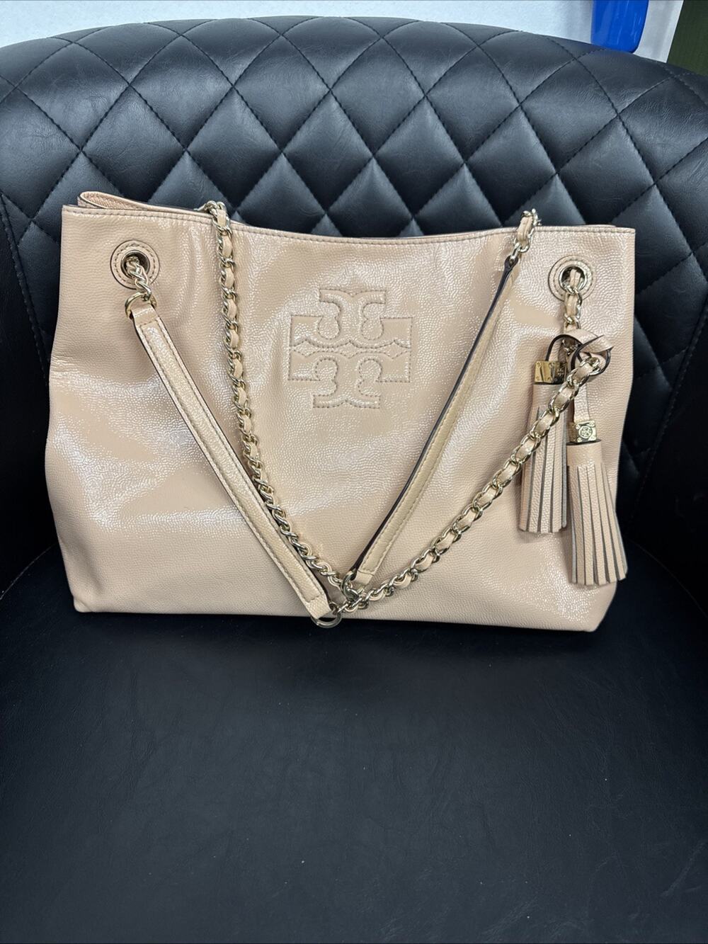Tory Burch Thea Chain Slouchy Tote Bag Leather Tassel Blush Tan - Excellent
